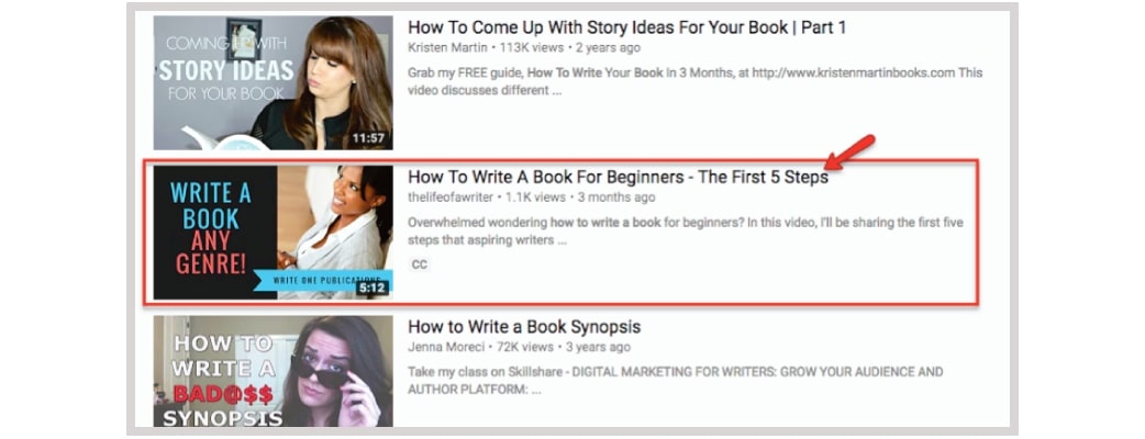 search results page of youtube with a result titled "How to Write a Book for Beginners - The First 5 Steps"