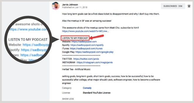 Jarvis Johnson's video description box with links to his podcast and links
